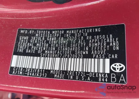 2018 Toyota Corolla Le z USA, uszkodzony, nr VIN 5YFBURHE7JP820620